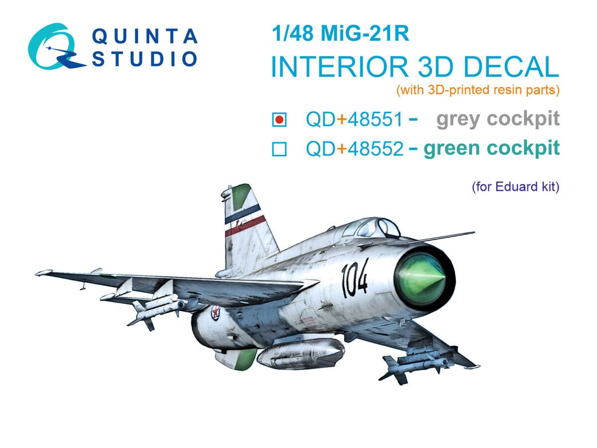 1:48 MiG-21R (grey cockpit panels) 3D-Printed & coloured Interior on decal paper (Eduard) (with 3D-printed resin parts)