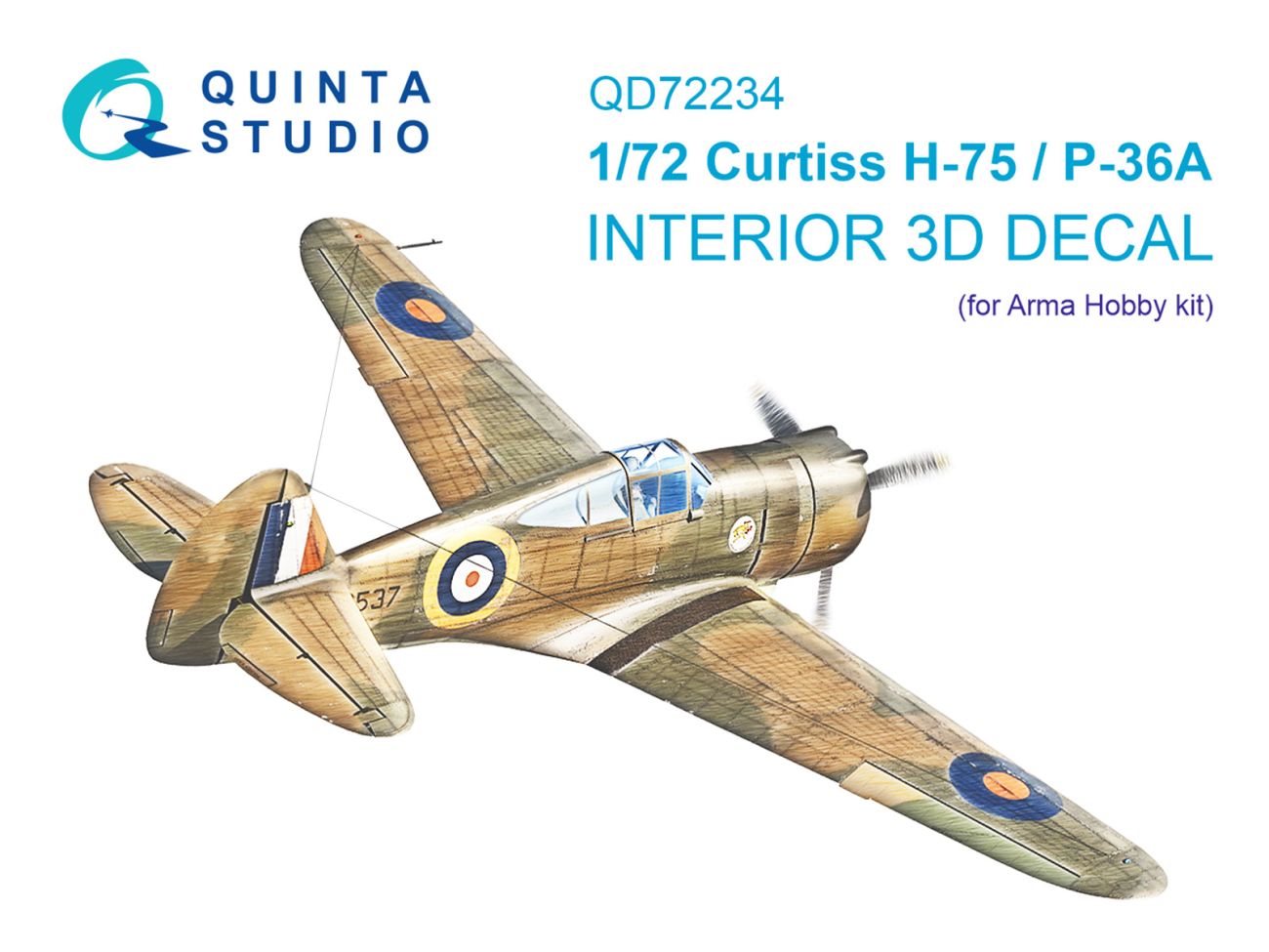 1:72 Curtiss H-75 Hawk / P-36 A - 3D-Printed & Coloured Interior on Decal Paper (for Arma Hobby Kits)