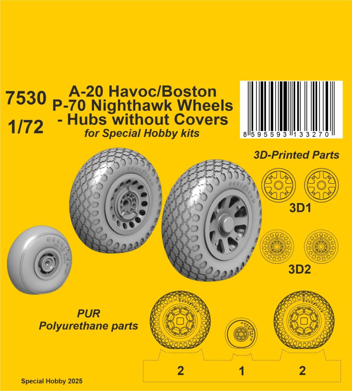 1:72 A-20 Havoc/Boston/ P-70 Nighthawk Wheels/ Hubs without Covers for Special Hobby kits