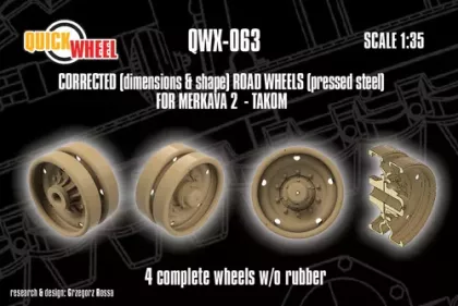 1:35 Merkava 2 - Corrected Road Wheels (Pressed Steel) 4 Complete Wheels w/o Rubber (for Takom Kits)