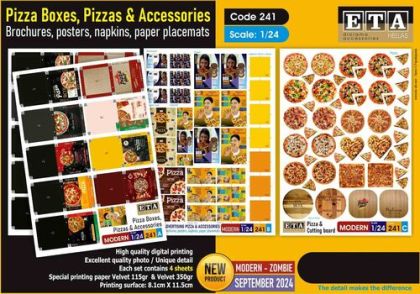 1:24 Pizza Boxes, Pizzas And Accessories (Brochures, Posters, Napkins, Paper Placemats) (4 Sheets)