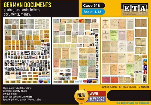 1:16 German Documents WWII - Photos, Postcards, Letters, Documents, Money (3 Sheets)