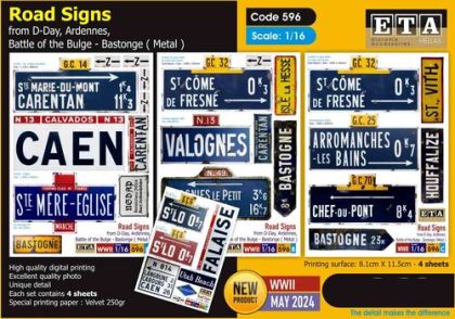 1:16 Road Signs - From D-Day, Ardennes, Battle Of The Bulge - Bastogne (Metal) (4 Sheets)