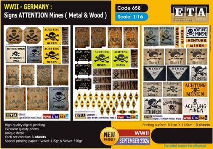 1:16 WWII - Germany Signs Attention Mines (Metal And Wood) (3 Sheets)