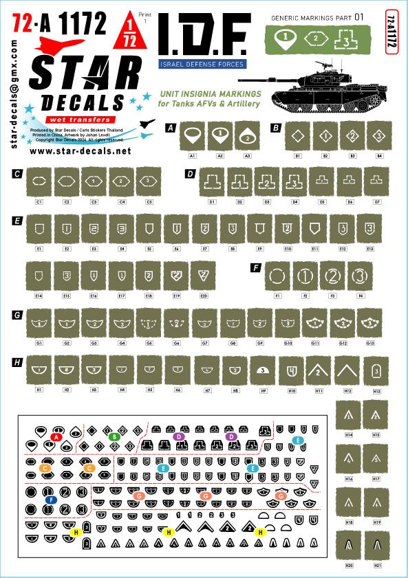 1:72 IDF Generic Markings # 1 - Israeli Brigade / Unit Insignia Markings for Tanks and AFVs