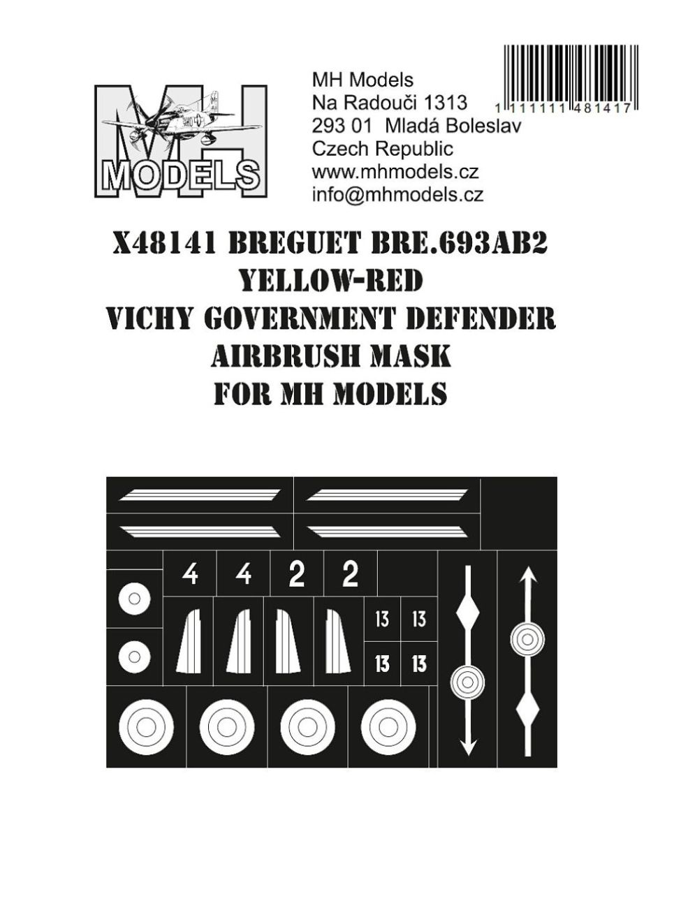 1:48 Breguet Bre.693AB2 Red-Yellow striped Vichy Government defender airbrush mask for MH Models