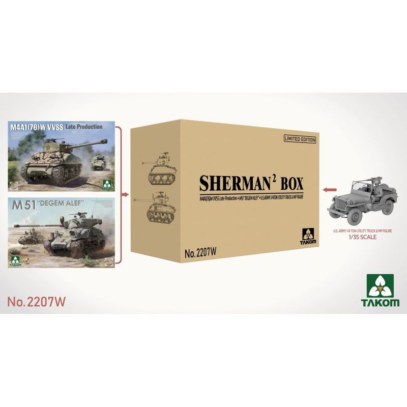 1:35 Sherman Two Box - M4A1(76W) VVSS Late Production & M51 Degem Alef & US Army 1/4 ton Utility Truck & MP Figure