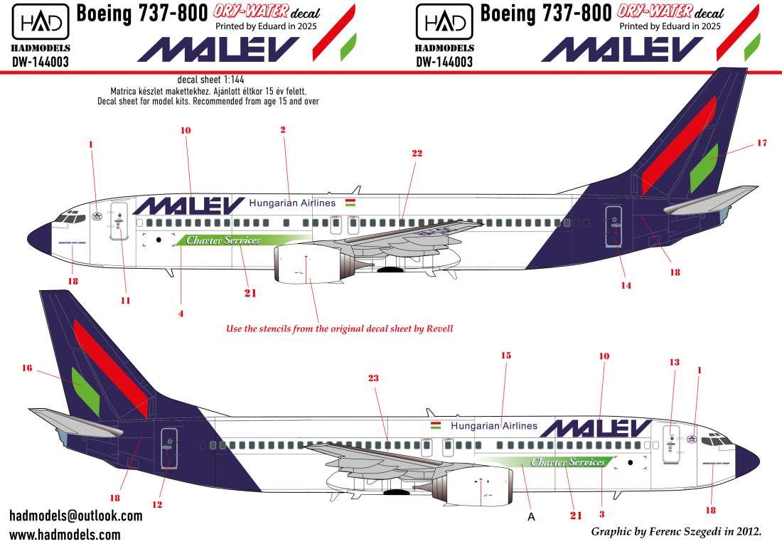 1:144 Boeing 737 800 MALÉV decal sheet