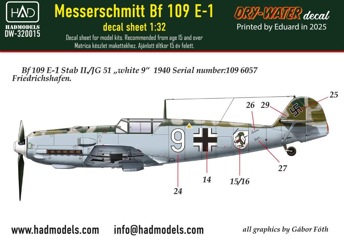 1:32 Messerschmitt BF 109 E-1 (White 9) decal sheet