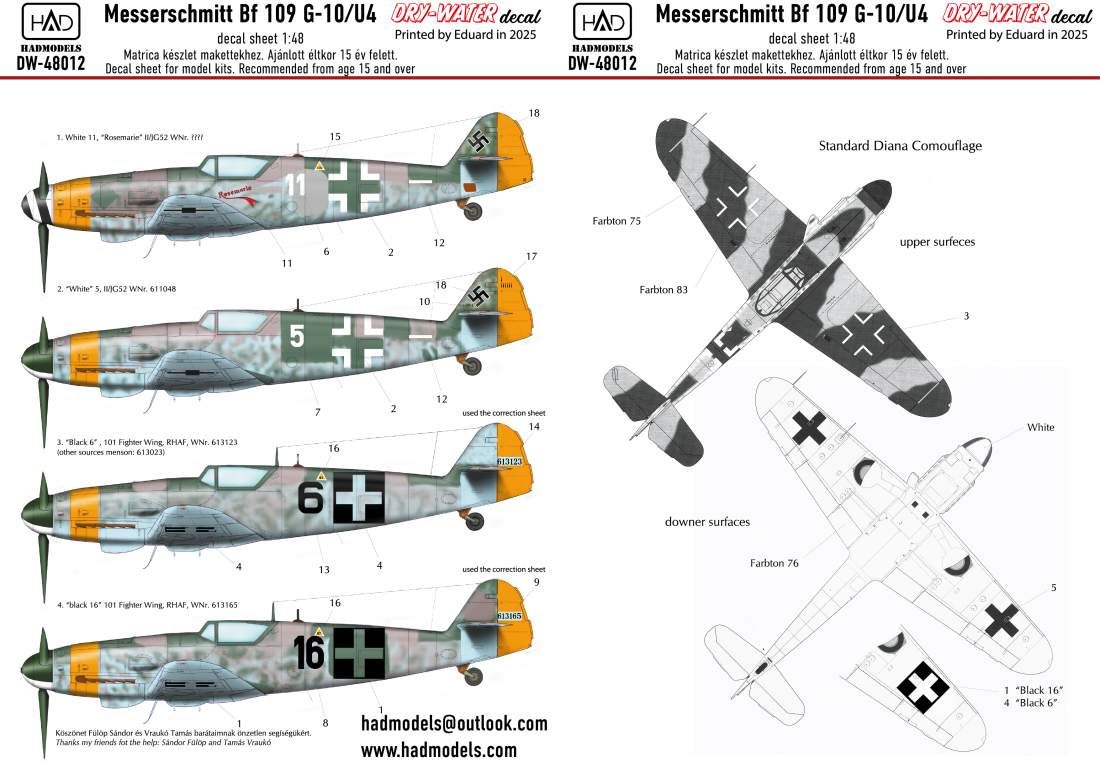1:48  Messerschmitt Bf 109 G-10/U4 decal sheet