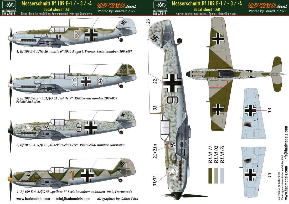 1:48 Messerschmitt Bf 109 E-1; E-2;E-3 decal sheet 