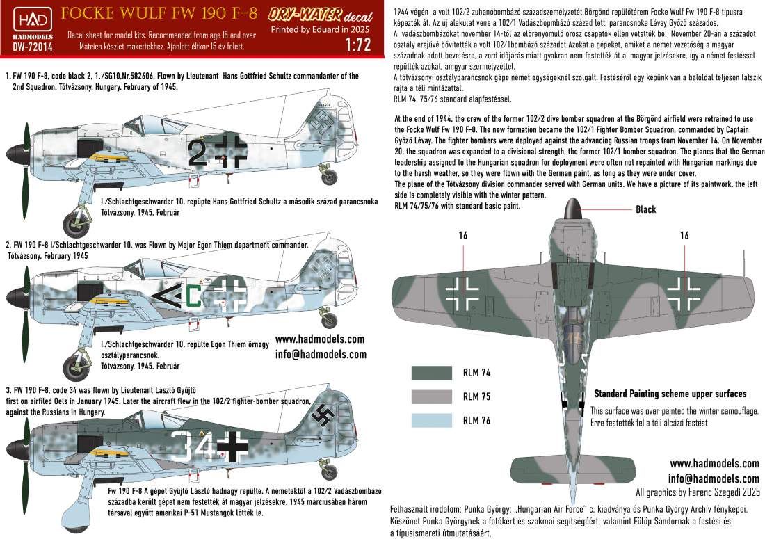 1:72 FW 190 F-8 (green C, Black 2, White 34) decal shet