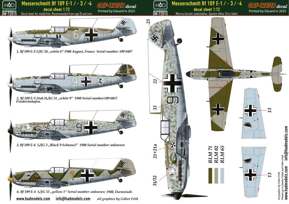 1:72 Messerschmitt Bf 109 E-1; E-2;E-3 decal sheet