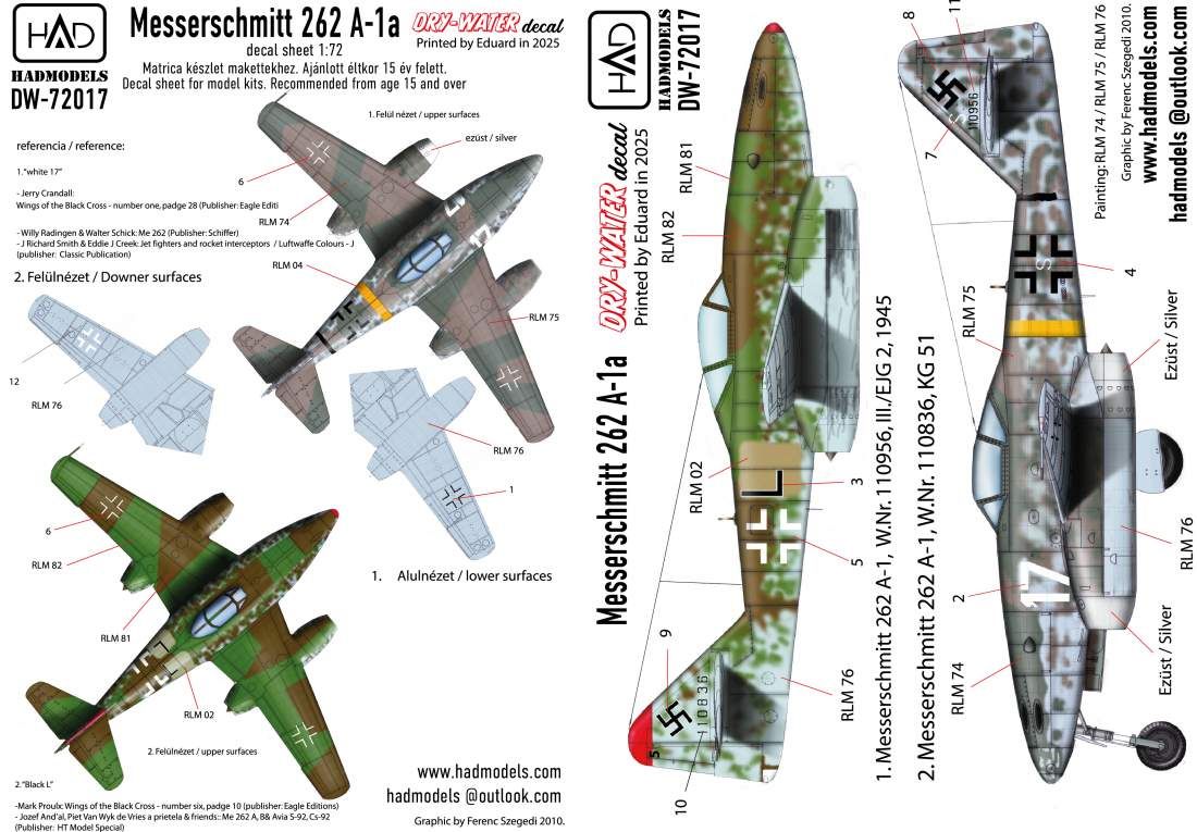 1:72 Messerschmitt Me 262 A-1 (Luftwaffe black L, white 17) decal sheet