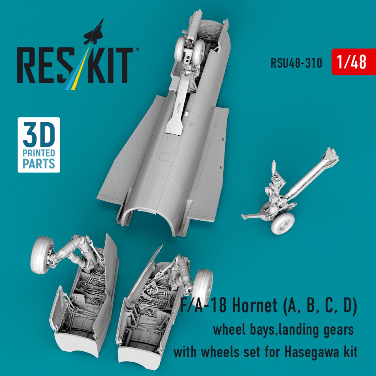 1:48 F/A-18 Hornet (A, B, C, D) wheel bays, landing gears with wheels set for Hasegawa kit