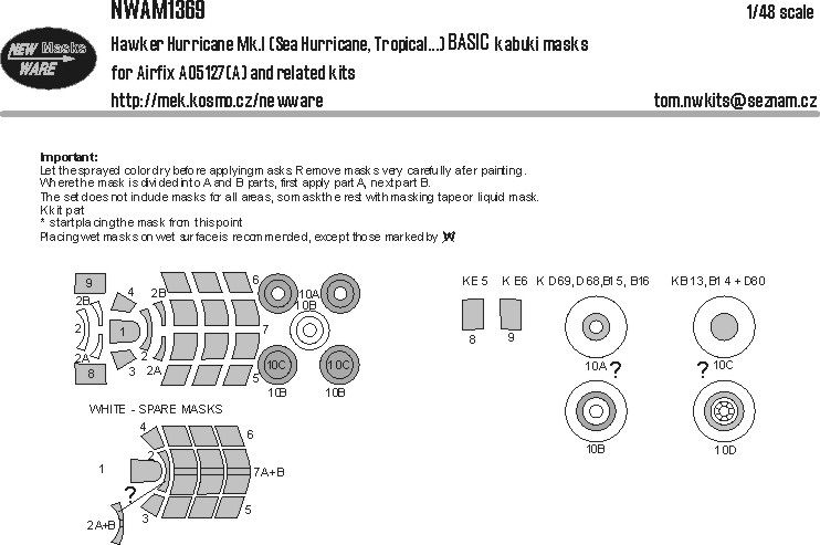 1:48 Hawker Hurricane Mk.I (Sea Hurricane, Tropical and others) - BASIC Kabuki Masks (for Airfix Kits)