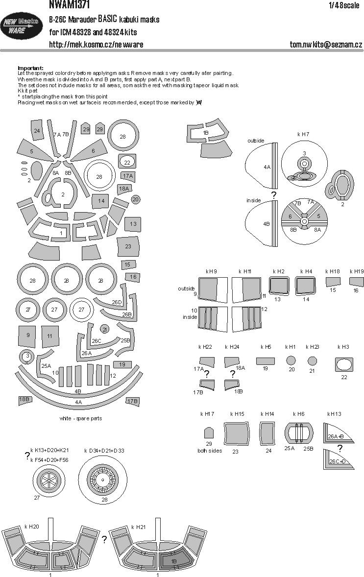 1:48 Martin B-26 C Marauder - BASIC Kabuki Masks (for ICM 48328 and 48324 Kits)