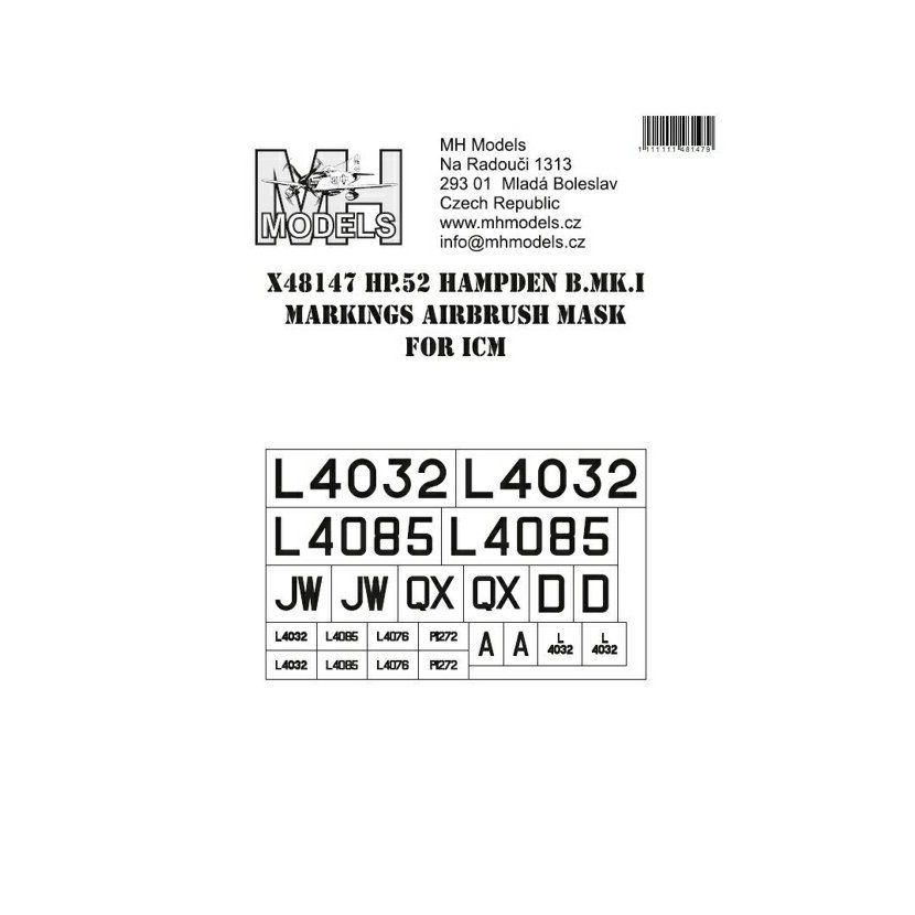 1:48 HP.52 Hampden B.Mk.I Markings airbrush mask /ICM