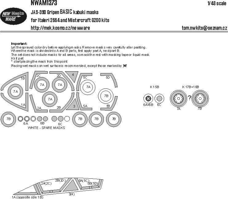 1:48 JAS-39 D Gripen - BASIC Kabuki Masks (for Italeri 2664 and Mistercraft G200 Kits)