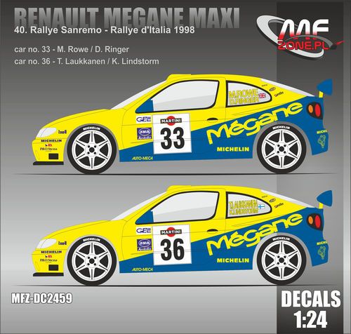 1:24 Renault Megane Maxi Rowe, Laukkanen - Rallye Sanremo 1998 Decal