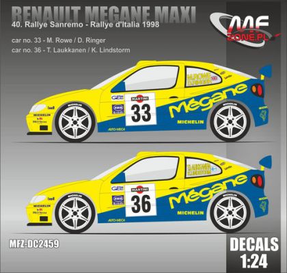 1:24 Renault Megane Maxi Rowe, Laukkanen - Rallye Sanremo 1998 Decal