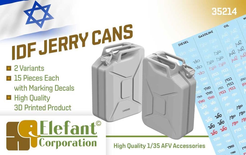 1:35 IDF jerry cans, 2 variants, 15 pcs each with marking decals