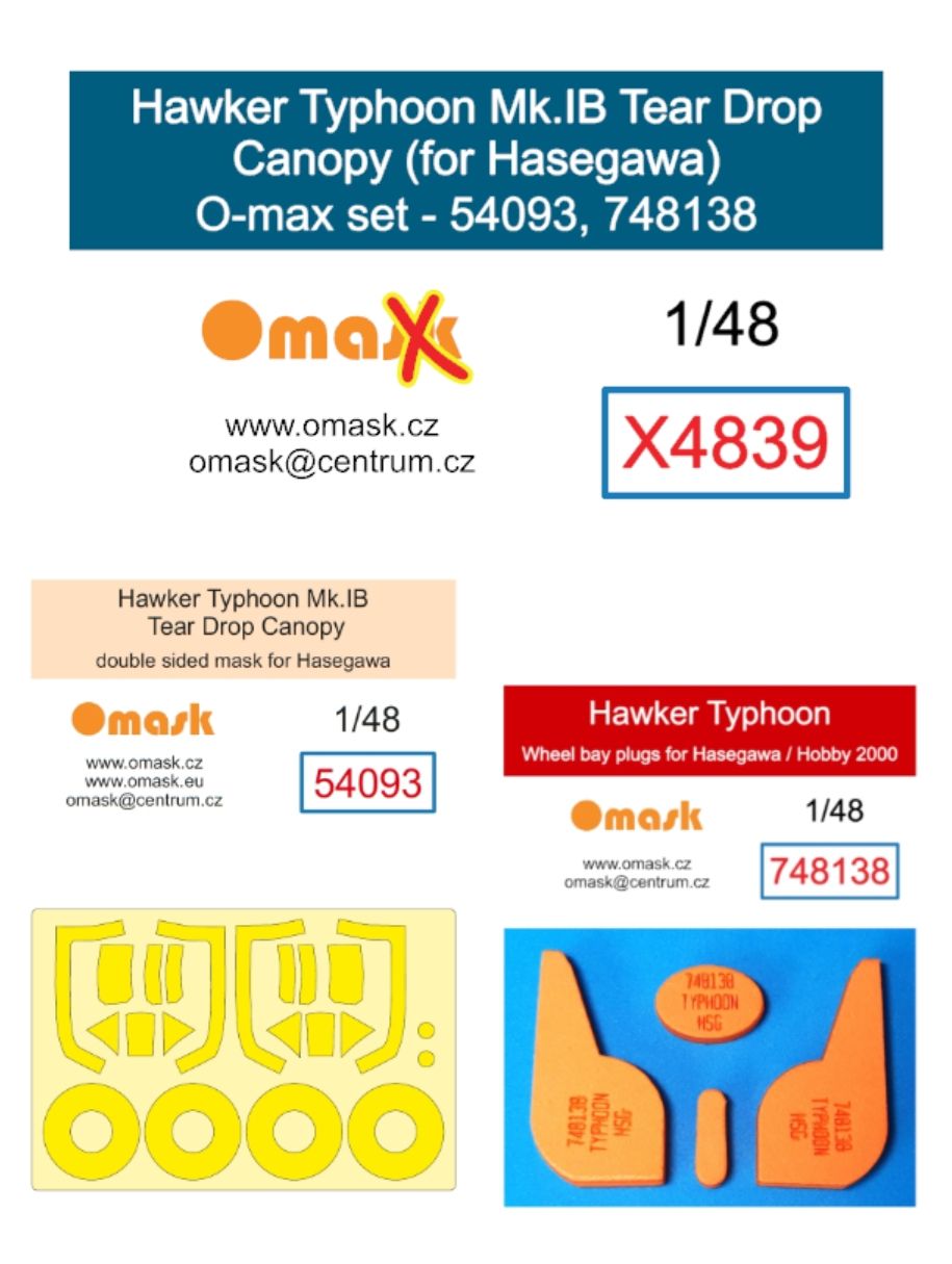 1:48 Hawker Typhoon Mk.IB Tear Drop Canopy O-max set (for Hasegawa, Hobby 2000)