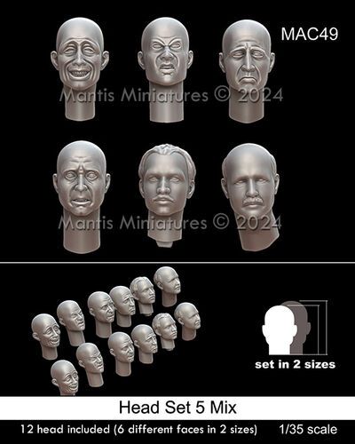1:35 Head Set 5 Mix - 12 Heads Included (6 Different Faces In Two Sizes)