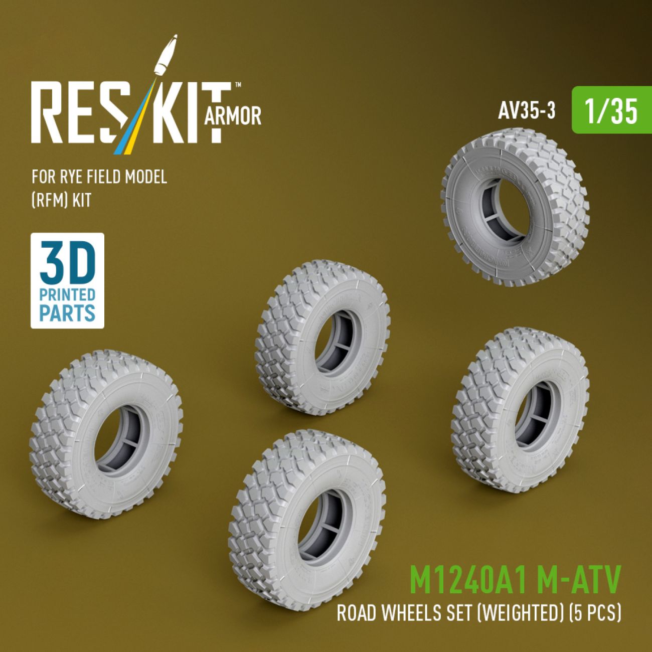 1:35 M1240A1 M-ATV road wheels set (weighted) (5 pcs) for Rye Field Model (RFM) kit