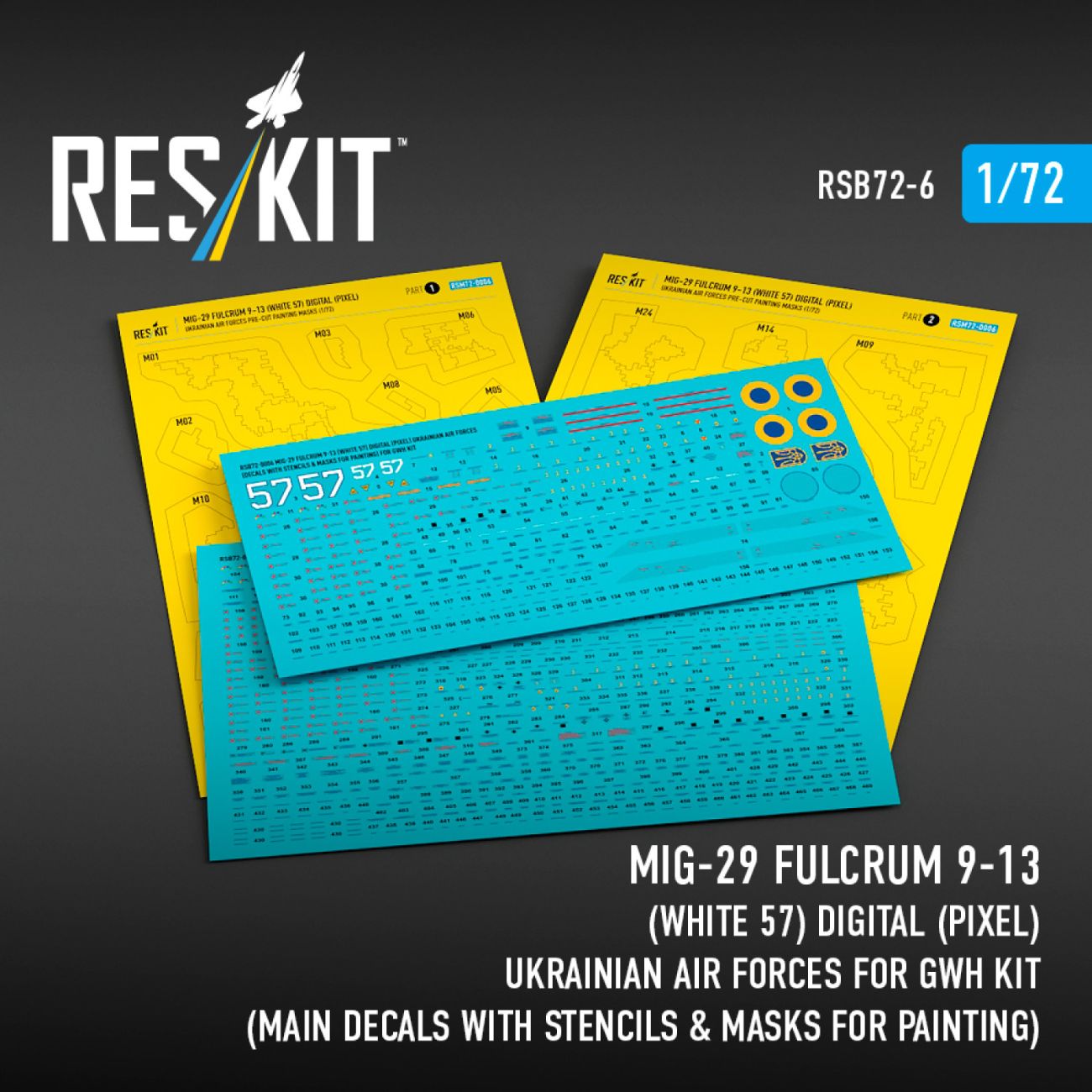 1:72 MiG-29 Fulcrum 9-13 (White 57) Digital (Pixel) Ukrainian Air Forces for GWH kit (Main Decals with Stencils & Masks for painting)