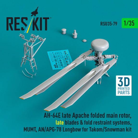 1:35 AH-64E late Apache folded main rotor, late blades & fold restraint systems, MUMT, AN/APG-78 Longbow for Takom/Snowman kit