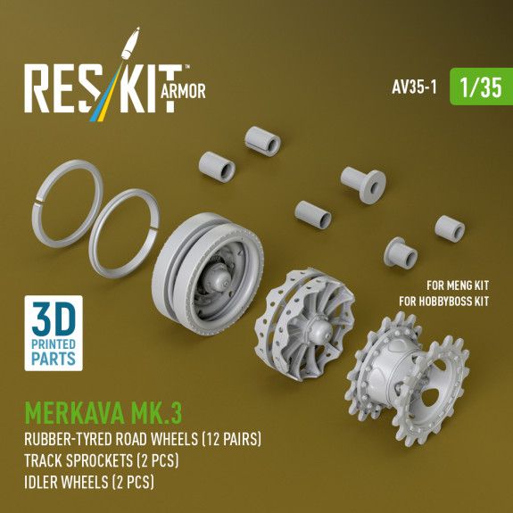 1:35 Merkava Mk.3 rubber-tyred road wheels (12 pairs), track sprockets (2 pcs), idler wheels (2 pcs) for Meng/HobbyBoss kit