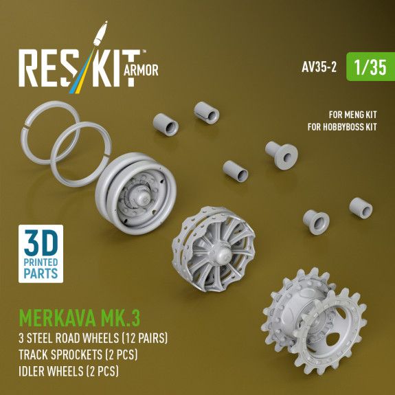1:35 Merkava Mk.3 steel road wheels (12 pairs), track sprockets (2 pcs), idler wheels (2 pcs) for Meng/HobbyBoss kit