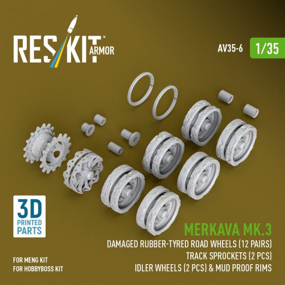 1:35 Merkava Mk.3 damaged rubber-tyred road wheels (12 pairs), track sprockets (2 pcs), idler wheels (2 pcs) & mud proof rims for Meng/HobbyBoss kit