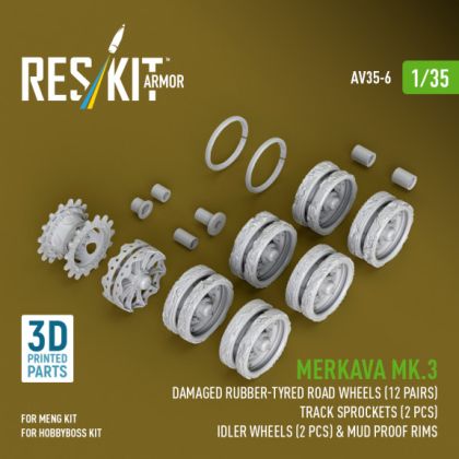 1:35 Merkava Mk.3 damaged rubber-tyred road wheels (12 pairs), track sprockets (2 pcs), idler wheels (2 pcs) & mud proof rims for Meng/HobbyBoss kit