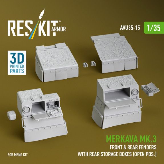 1:35 Merkava Mk.3 front & rear fenders with rear storage boxes (open pos.) for Meng kit