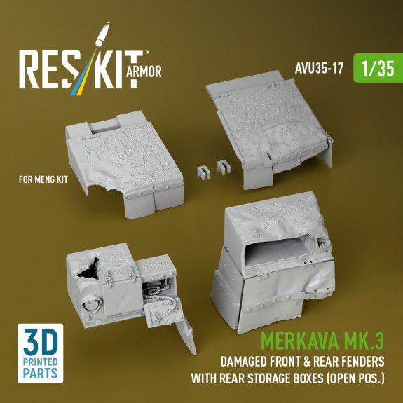 1:35 Merkava Mk.3 damaged front & rear fenders with rear storage boxes (open pos.) for Meng kit