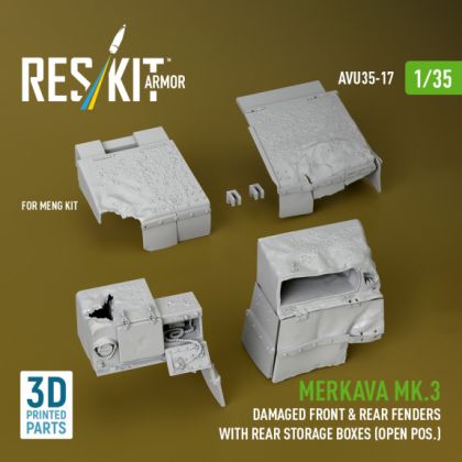 1:35 Merkava Mk.3 damaged front & rear fenders with rear storage boxes (open pos.) for Meng kit