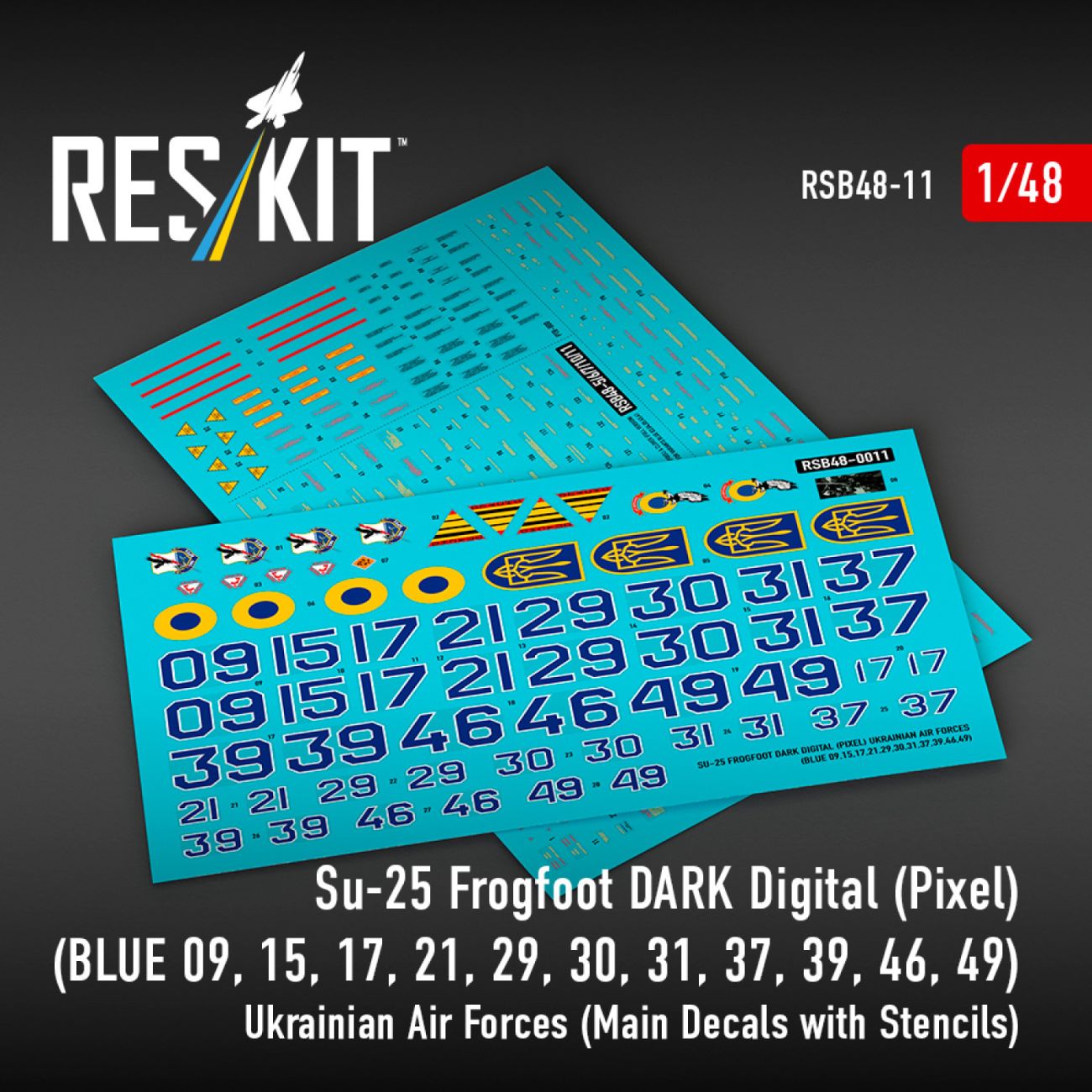 1:48 Su-25 Frogfoot DARK Digital (Pixel) (BLUE 09, 15, 17, 21, 29, 30, 31, 37, 39, 46, 49) Ukrainian Air Forces (Main Decals with Stencils)