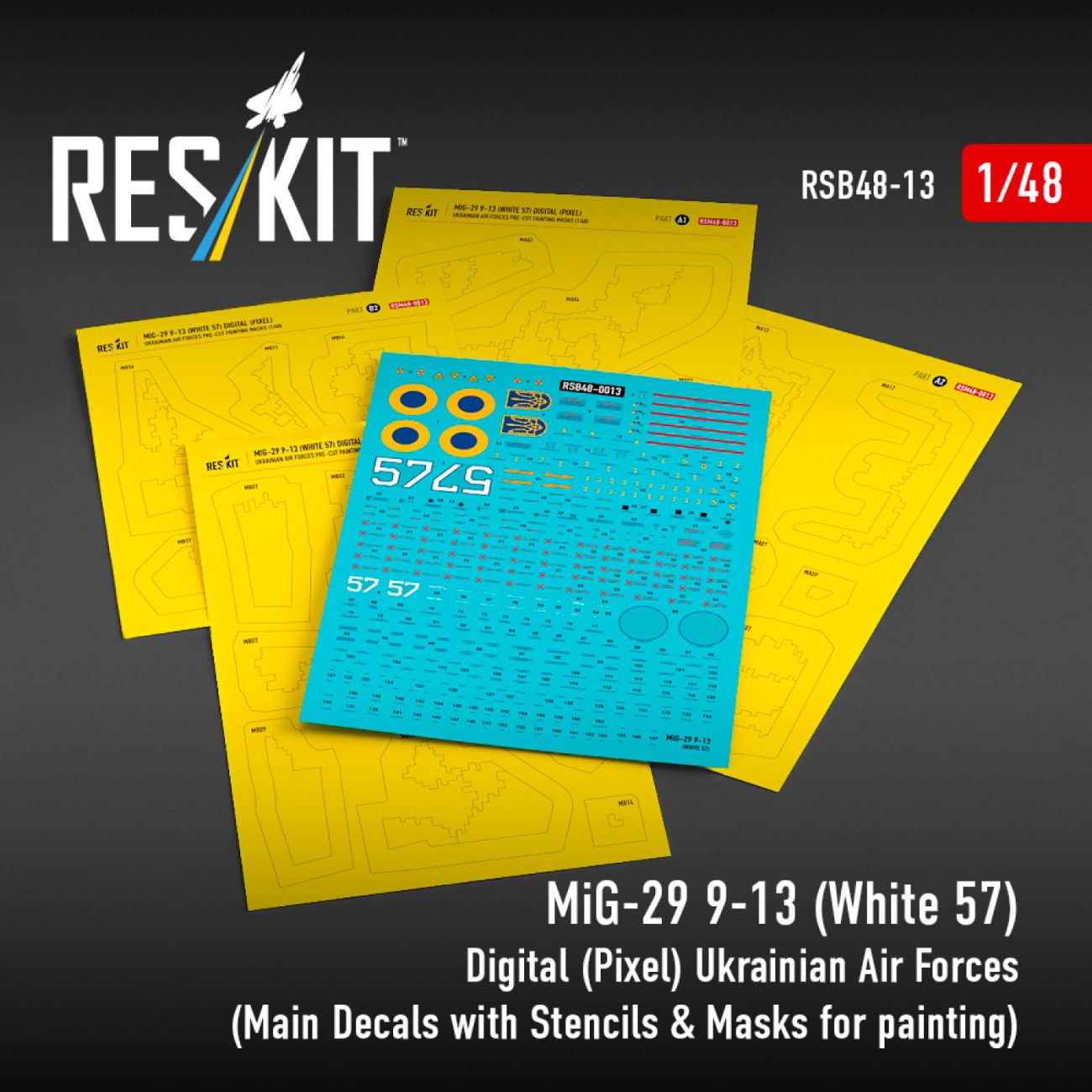 1:48 MiG-29 9-13 (White 57) Digital (Pixel) Ukrainian Air Forces (Main Decals with Stencils & Masks for painting 4 pcs)