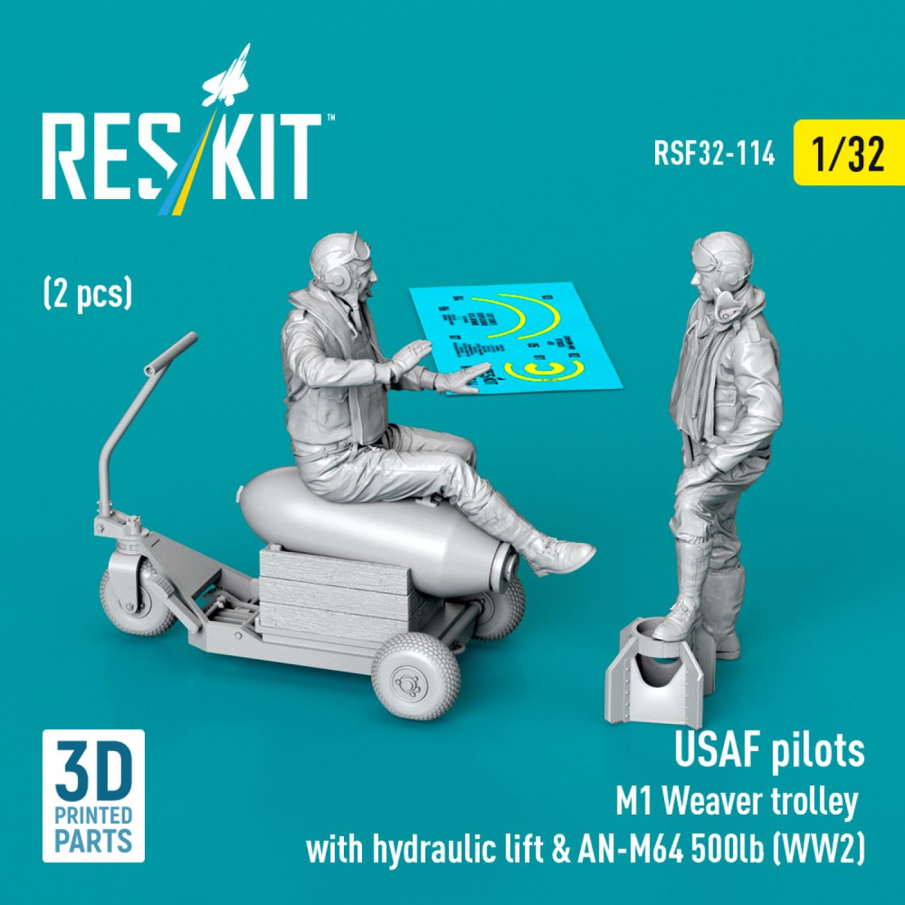1:32 USAF pilots (2 pcs) & M1 Weaver trolley with hydraulic lift & AN-M64 500lb (WW2)