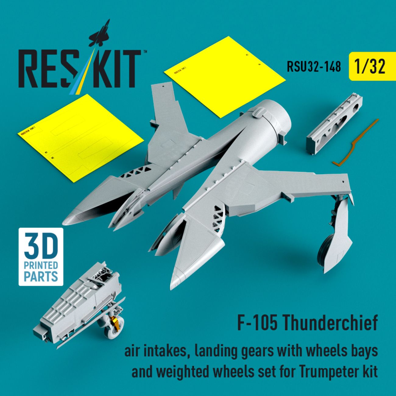 1:32 F-105 Thunderchief air intakes, landing gears with wheels bays and weighted wheels set for Trumpeter kit