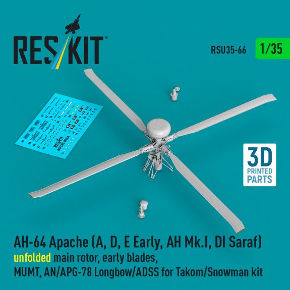 1:35 AH-64 Apache (A, D, E Early, AH Mk.I, DI Saraf) unfolded main rotor, early blades, MUMT, AN/APG-78 Longbow/ADSS for Takom/Snowman kit