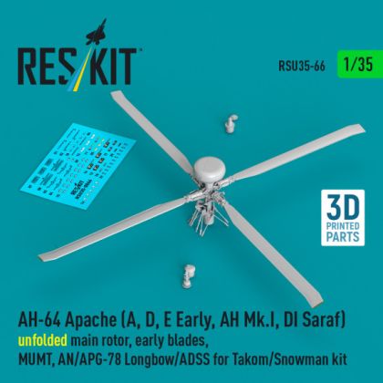 1:35 AH-64 Apache (A, D, E Early, AH Mk.I, DI Saraf) unfolded main rotor, early blades, MUMT, AN/APG-78 Longbow/ADSS for Takom/Snowman kit