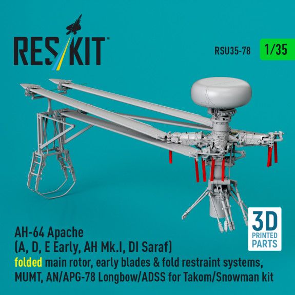 1:35 AH-64 Apache (A, D, E Early, AH Mk.I, DI Saraf) folded main rotor, early blades & fold restraint systems, MUMT, AN/APG-78 Longbow/ADSS for Takom/Snowman kit