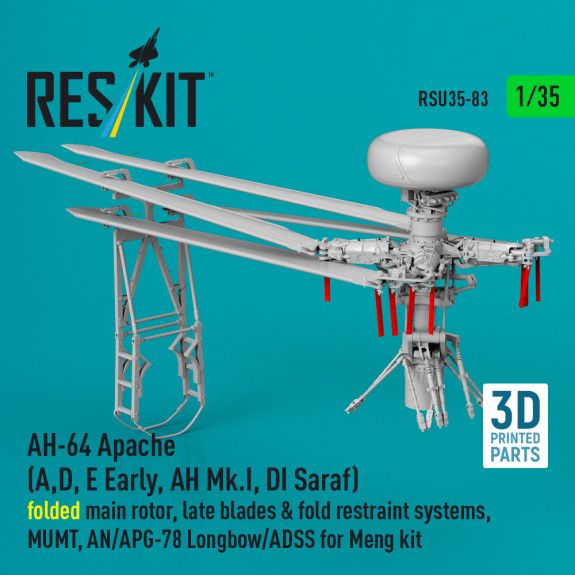 1:35 AH-64 Apache (A,D, E Early, AH Mk.I, DI Saraf) folded main rotor, late blades & fold restraint systems, MUMT, AN/APG-78 Longbow/ADSS for Meng kit