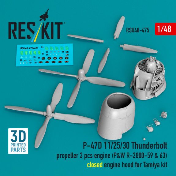 1:48 P-47D 11/25/30 Thunderbolt propeller (3 pcs), engine (P&W R-2800-59 & 63) closed engine hood for Tamiya kit