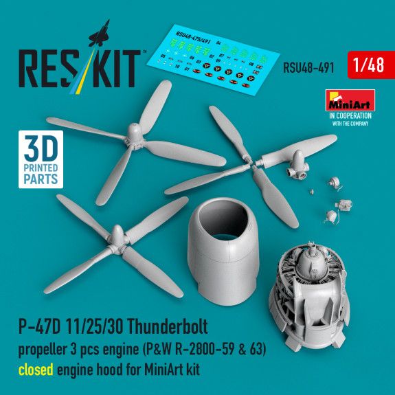 1:48 P-47D 11/25/30 Thunderbolt propeller (3 pcs), engine (P&W R-2800-59 & 63) closed engine hood for MiniArt kit