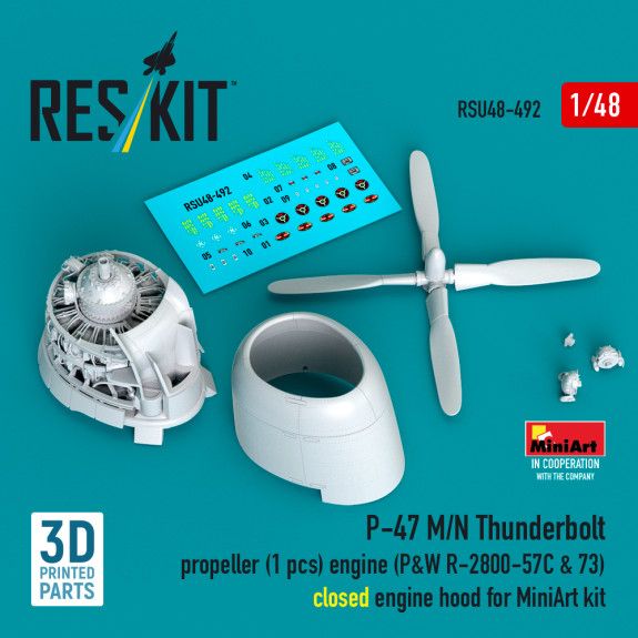 1:48 P-47 M/N Thunderbolt propeller (1 pcs), engine (P&W R-2800-57C & 73) closed engine hood for MiniArt kit