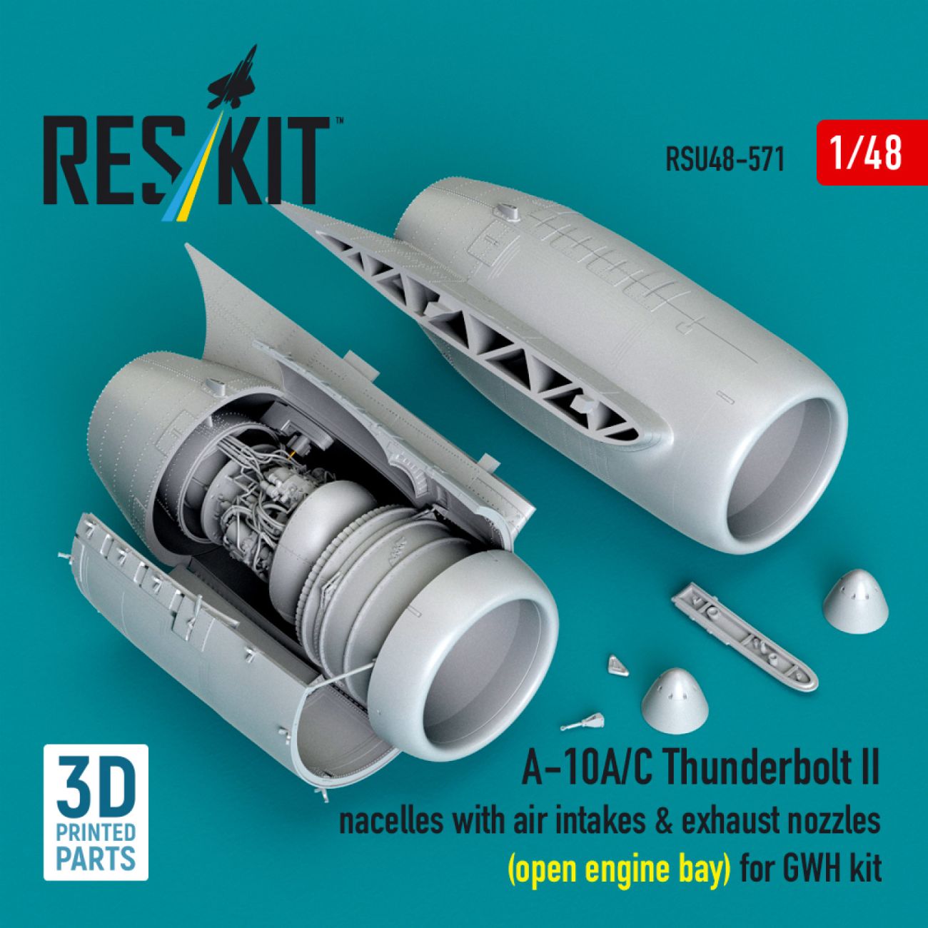 1:48 A-10A/C Thunderbolt II nacelles with air intakes & exhaust nozzles (open engine bay) for GWH kit